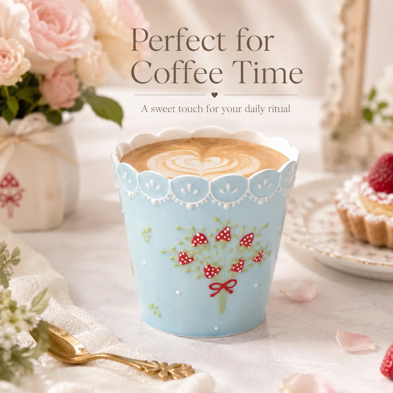Cute Pastel Blue Strawberry Ceramic Coffee Cup, 10cm Scalloped Lace Rim Mug, Kawaii Cottagecore Coffee/Tea Cup, Sweet Strawberry Relief Design, Lovely Gift for Girls, Home Decor Cup