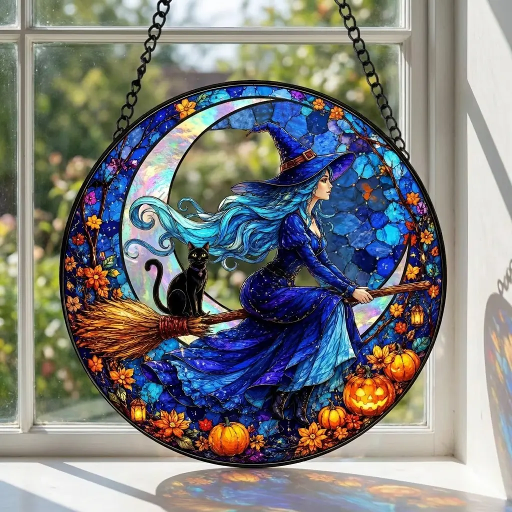 Halloween Witch Suncatcher, Celestial Crescent Moon Window Hanging, Stained Glass Witch Cat Panel, Black Cat on Broom Sun Catcher.