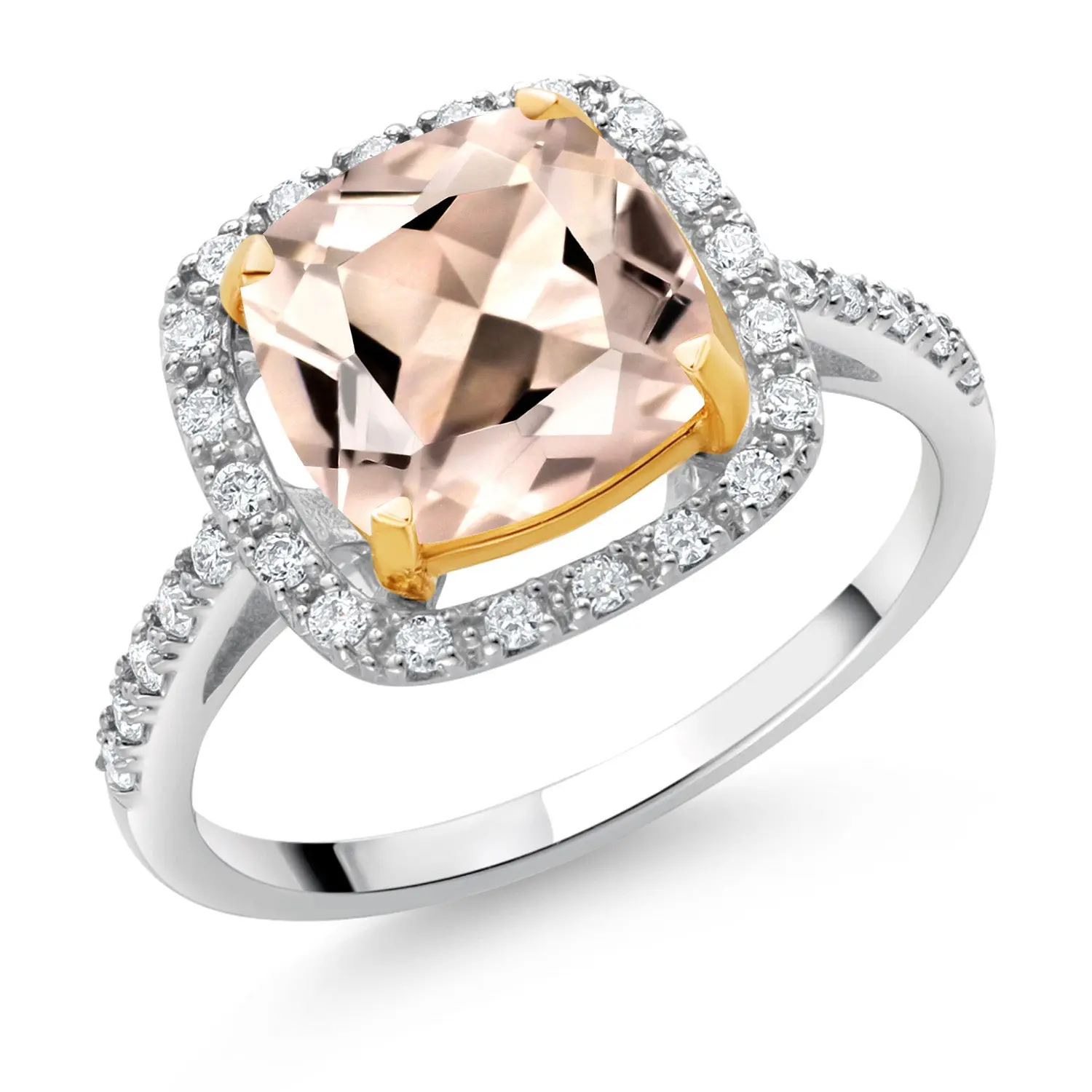Gem Stone King Women's 925 Sterling Silver & 10K Yellow Gold Fashion Engagement Ring - 2.09 Cttw Cushion 8MM Peach Morganite, Lab Grown Diamond Halo - Female Adults' Birthday, Mother's Day Wedding Anniversary Ring