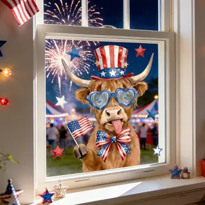 Independence Day Highland Cow Window Decal, Heart Glasses Flag Elements, Static Cling Sticker, Holiday Atmosphere Decor for Home & Shop