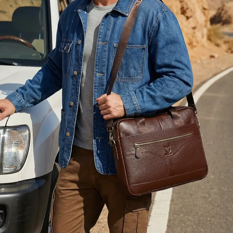 1pc Leather Laptop Shoulder Crossbody Bag, Men's Business Briefcase with Front Zipper Pocket, Large Capacity Office Commuter Handbag, Multi-pocket Work Bag, Travel Essentials for Travel and Business Trips