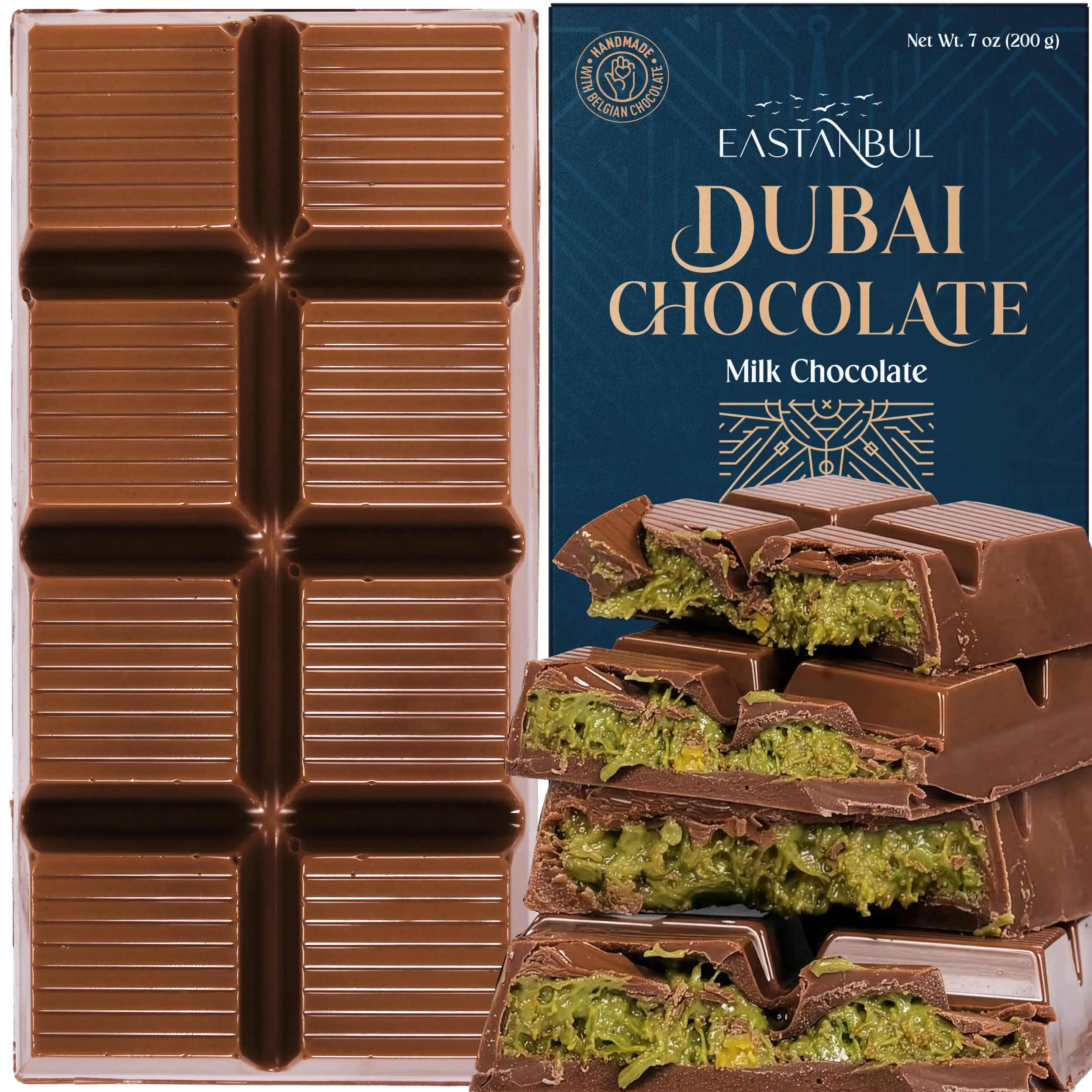 Eastanbul Dubai Milk Chocolate Bar with Pistachio & Kunafa, 7oz Premium Viral TikTok Chocolate, Middle Eastern Dessert with Crunchy Phyllo Dough Bonbon Creamy