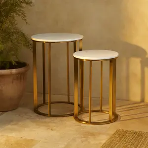 Set of 2 Gold Metal Side End Accent Table with Marble Top