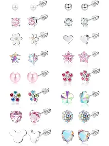 Shining 16 Pairs Colorful Ear Studs Surgiacl Steel Screw Back Earrings Studs for Women Men Tiny Cartilage Stud Earrings CZ Heart Flower Star Ball Screw Back Flat Back Stud Earrings Set Multicolored