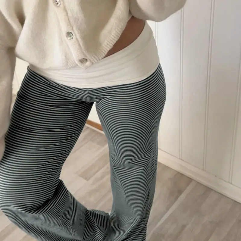 Women's Striped Patchwork Flare Pants, Low Waist Spring & Fall Casual Long Trousers, Comfortable Basic Bottoms for Daily Wear, Slim Flared Trousers