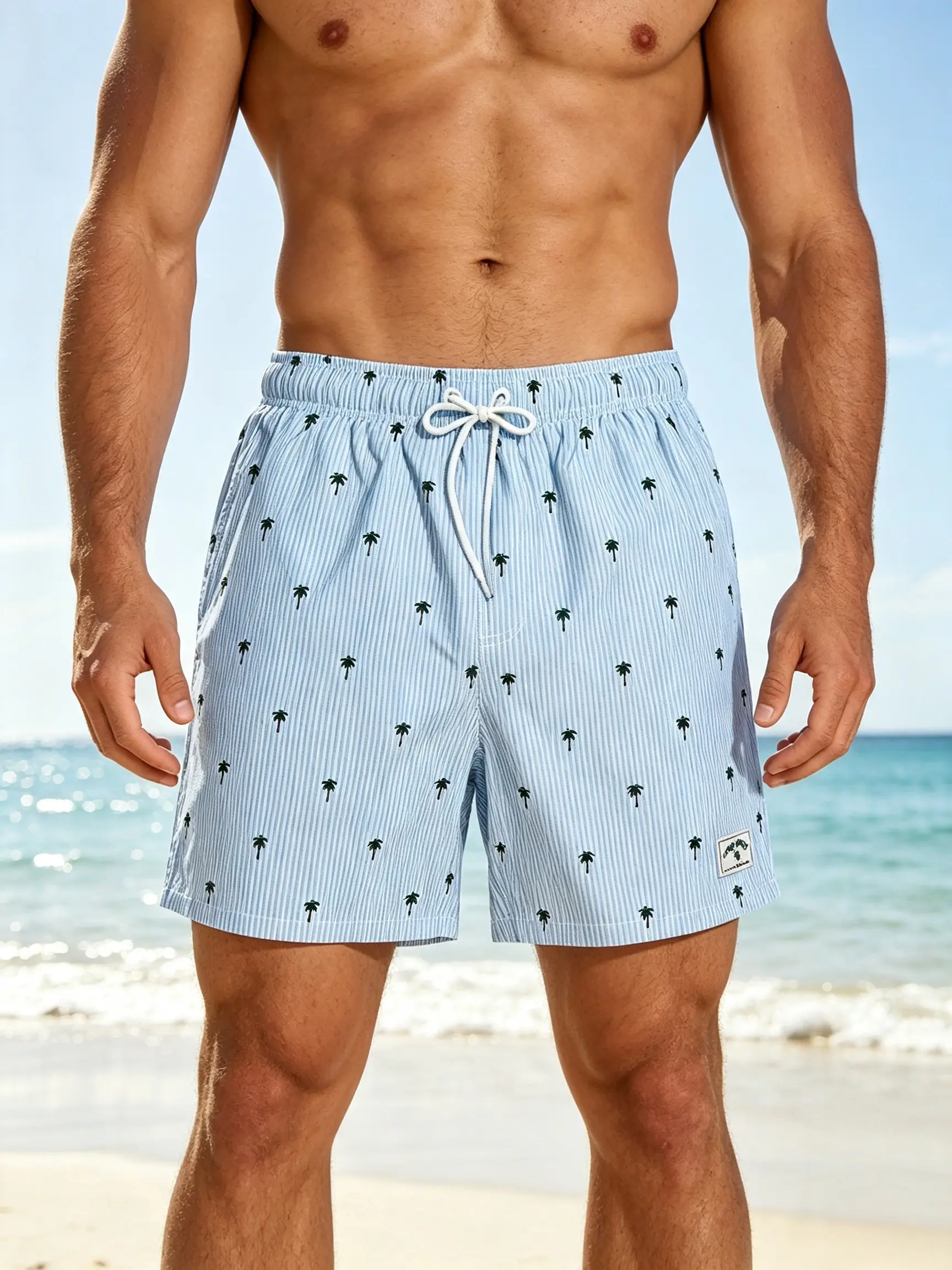 Men's 2-in-1 Coconut Tree Print Striped Swim Shorts - Quick-dry, breathable, chafe-resistant, privacy-focused with built-in lining, perfect for swimming and surfing