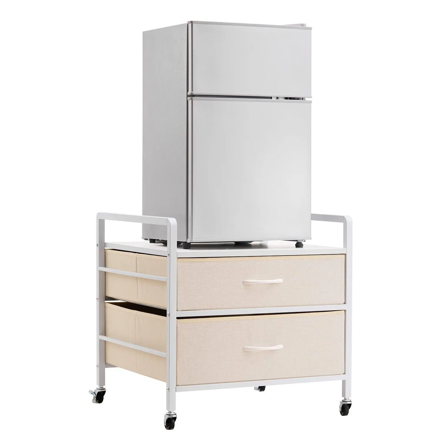 【Summerfinds】VEVOR Portable Mini Fridge Stand, 176 lb (80 kg) Capacity, Freestanding Mobile Base with 2 Drawers, 4 Swivel Wheels, Compact White Storage Organizer Table, 530x522x18 mm, Easy Setup for Bedroom, Apartment, Dorm