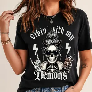 Women’s 200GSM Gothic Skeleton Graphic Spandex Fabric Short-Sleeve T-Shirt - Smooth Fit, Vibin’ With My Demons Top