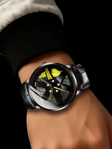 Racing Black Shell Yellow Face Black Leather Quartz Men's Watch with Unique Design Elements