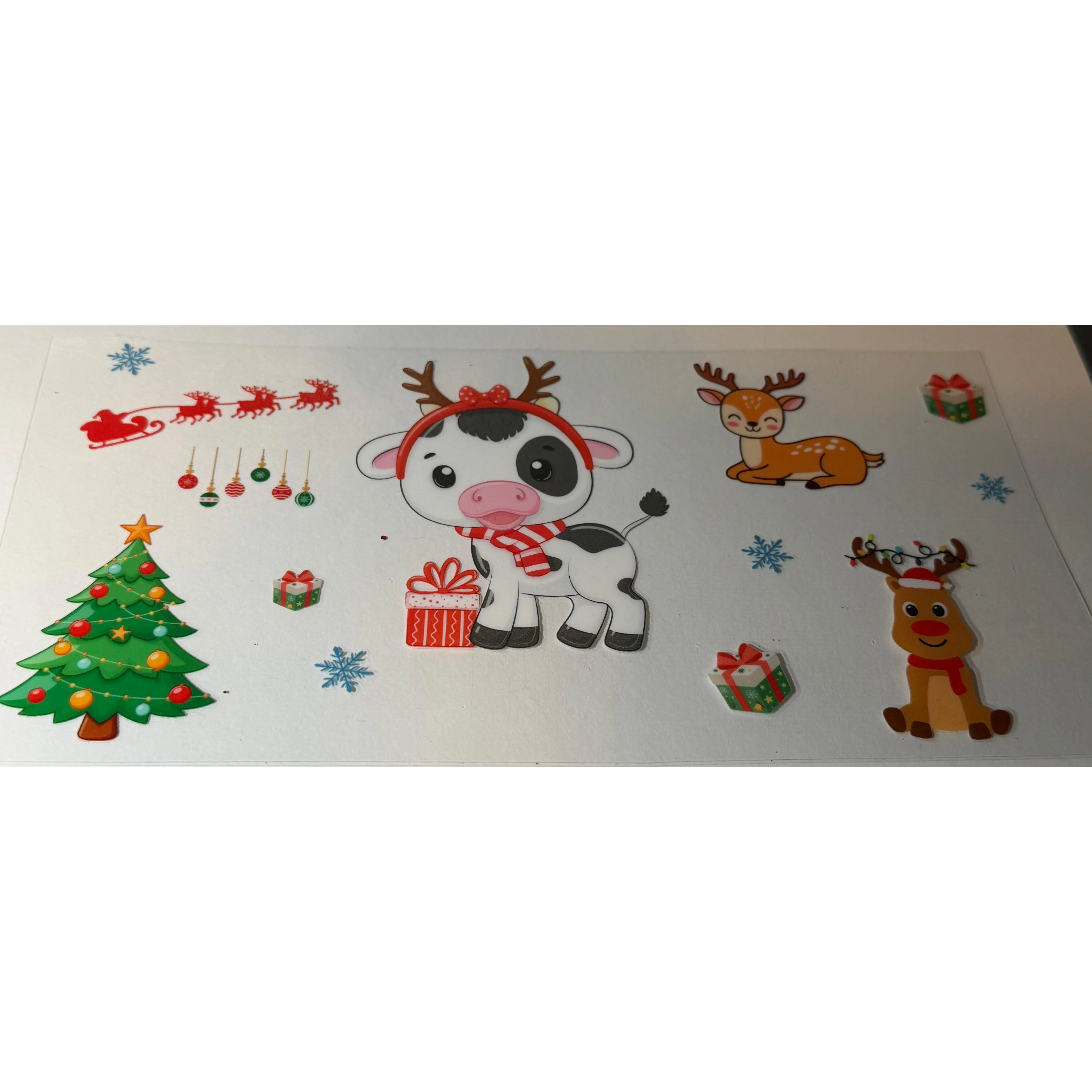 Cute Christmas Cow UV DTF Decal | Holiday Cow Libbey Glass Can Wrap | Christmas Cup Decal | Reindeer Cow |
