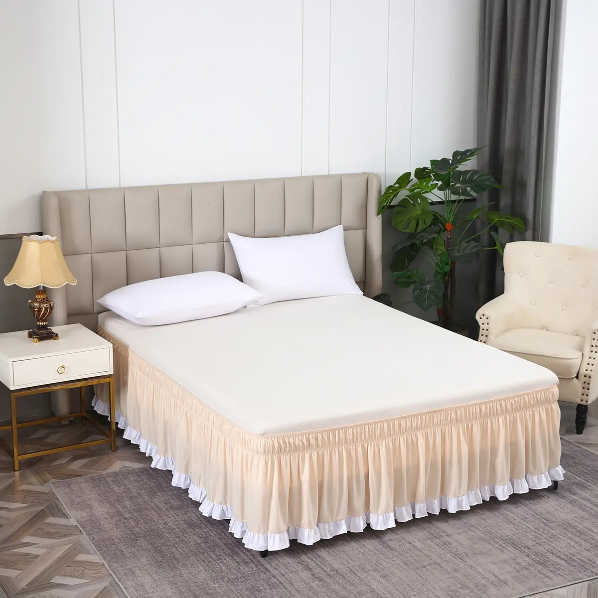 Elegant Colorblock Ruffle Bedskirt with Lace Trim, Multiple Colors, Super Soft Comfort, Good Elasticity, Ideal for Bedroom and Hotel