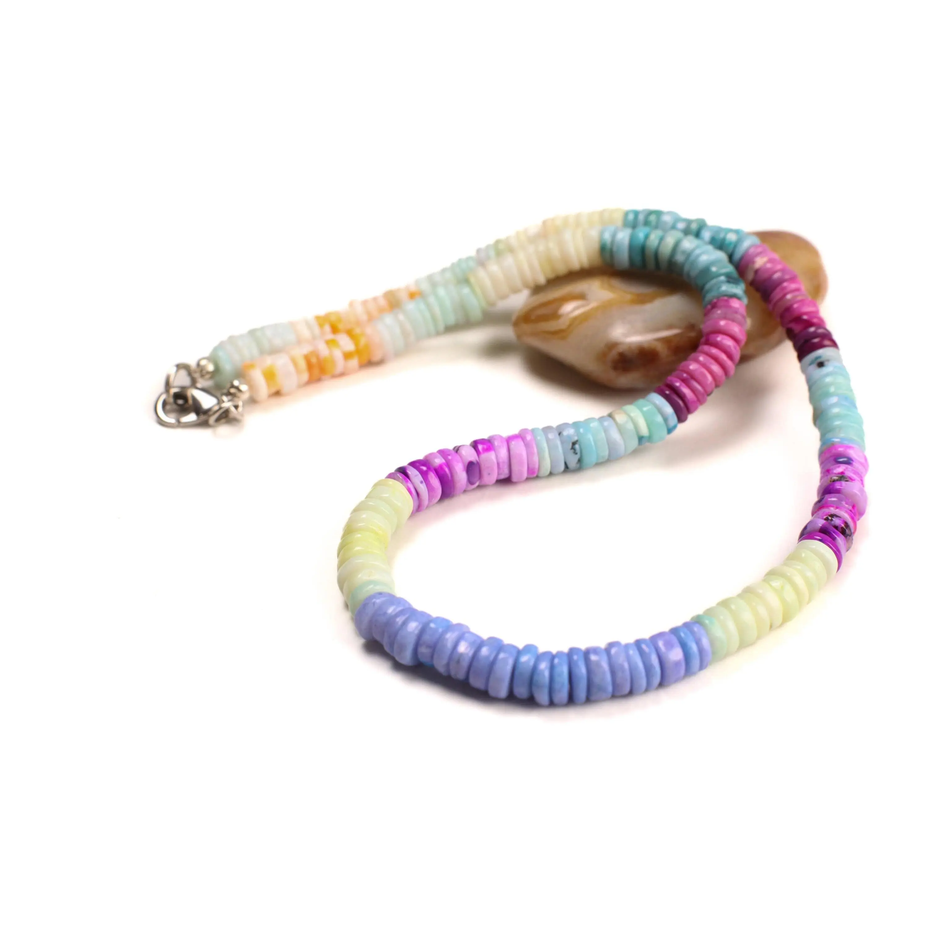 Peruvian Pink Blue yellow Pastel Opal,Candy Opal Heishi Roundel 7.5mm  Necklace for men and women.Beach Boho Summer Gift