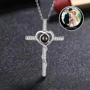 Dainty Personalized Photo Projection Necklace • Zircon Cross Necklace • Memorial Photo Pendant • Personalized Picture Inside Jewelry
