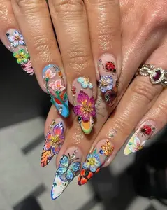 Aura Nails - Spring Nails, Vibrant Flower Garden Press On Nails Long Stiletto, Hot Trend Summer Nail Set, 3D Floral Fake Nails, Rainbow Nails