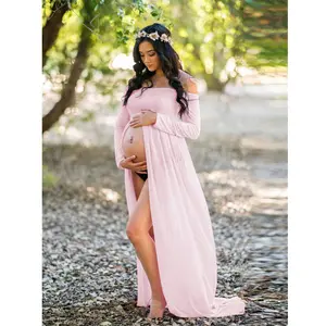 Maternity Off Shoulder Dress Long Sleeve Chiffon Split Front Maxi Gown Pregnancy Clothes for Photoshoot Photography