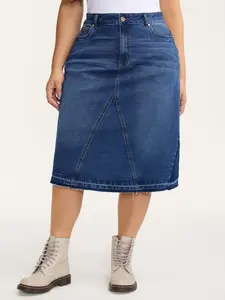 Women's Plus Size Indigo Denim Midi Skirt - Frayed, No-Slit, Seamed, Shadow Wash, Mid-Low Rise, Summer Turn-Up Fit, With Pocket, M-6X Sizes,  Blue Tone Skirts, 2026 Summer Vibes Bottoms,Spotlight,Summer wins,Deals for you days Fit Basic Womenswear