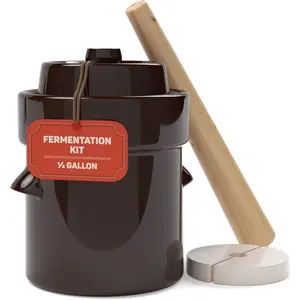 Fermentation Crock 1/2 gallon (2 liters) ceramic fermenting crock kit with lid, weights, and pounder for pickling cabbage, kimchi vegetables, stoneware pickle pot