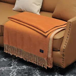 Reversible Fringed Mulberry Silk Throw Blanket for Sofa (Caramel/Beige)
