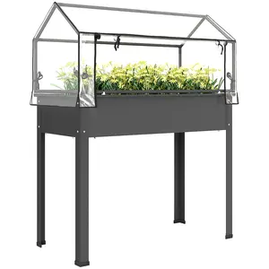 Elevated Garden Box with Greenhouse Cover – Dark Gray. Raised Garden Bed with Legs. 98L Soil Capacity. Drainage Hole. Flip-Up Cover with Roll-Up Door. 48.8" Tall