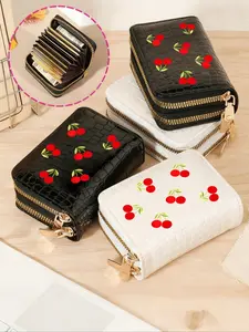 Cherry Print Dual Zipper Wallet, Artificial Leather, Portable Coin Purse, Card Holder, Women's Travel Wallet, Large Capacity