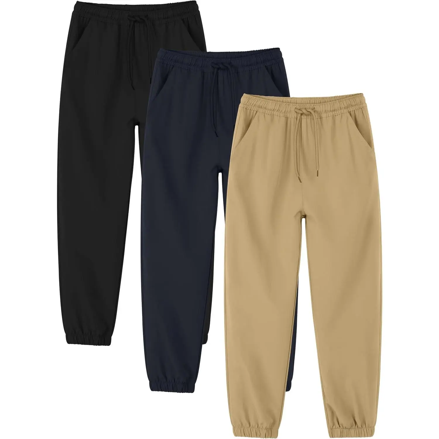 3 Packs Boys Pull on Jogger Pants Quick Dry School Uniform Pants with Pockets for Kids 5-14Y