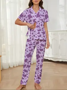 Women's Sleepwear Set, Cow Pattern Printed, Elegant Casual, Comfortable Lapel Short Sleeve Top & Wide Leg Pants, Holiday Party Wear, Pajama Set
