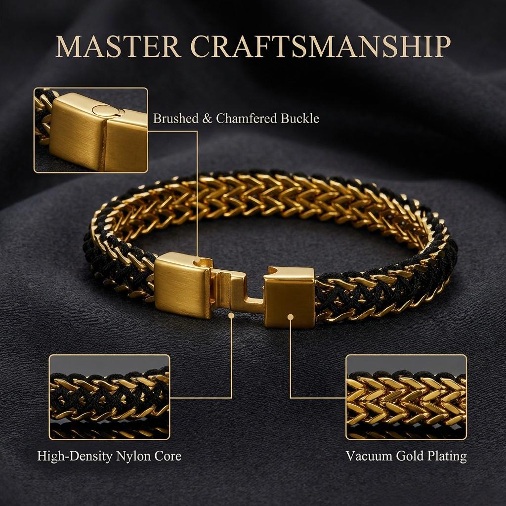Mens Curb Chain,Stainless Steel Nylon Rope String Bracelets,Gold and Black Two-tone,Stainless Steel Clasp,Handmade Fashion Handmade Jewelry Gifts,Comes with a Gift Box Mens Curb Chain,Stainless Steel Nylon Rope String Bracelets,Gold and Black Two-tone,Stainless Steel Clasp,Handmade Fashion Handmade Jewelry Gifts,Comes with a Gift Box