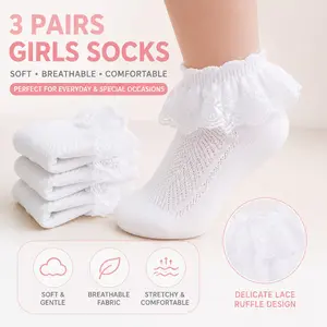 3 Pairs Cute Girls' Lace Socks, Princess Ruffle Short Socks, Soft Breathable Toddler Socks, Fashion Kids Gift for All Seasons