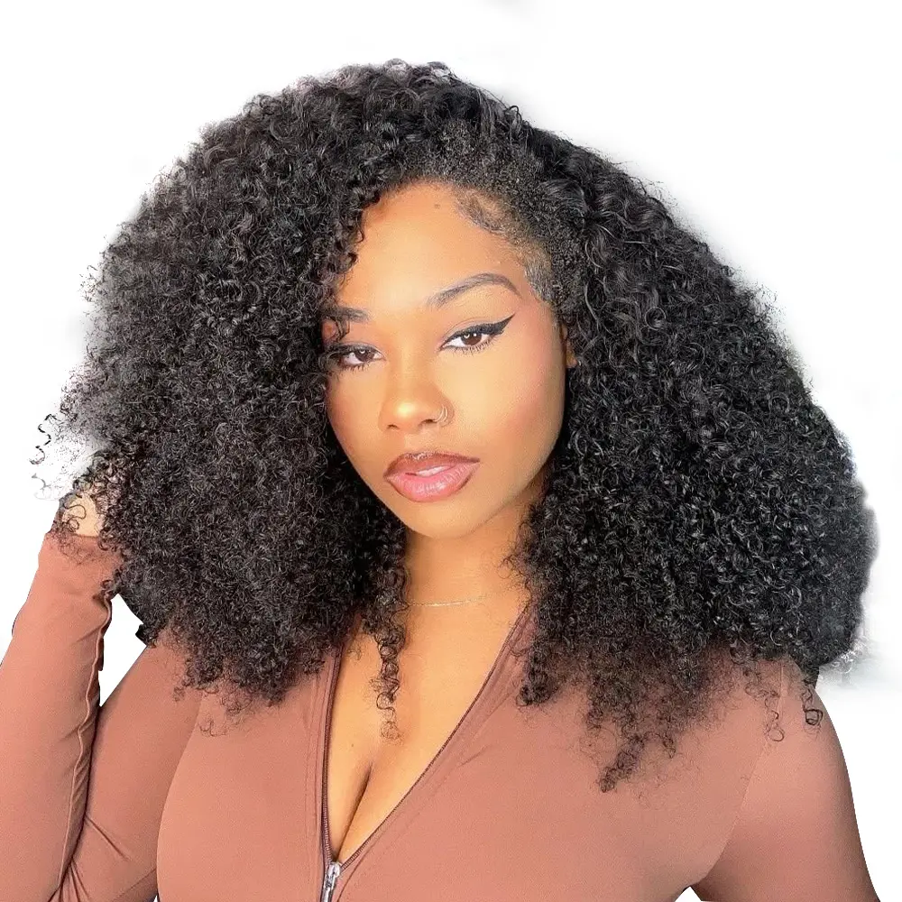 Auvzy Wear Go Half Wig Coily Curly 3 in 1 Glueless Half Wig Synthetic Hair Afro Curly Hair for Black Women 16 Inch Kinky Curly 180% Density  No Glue Required Natural Look Go Drawstring for Women Beginner Friendly