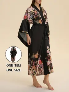 New Japanese Satin Nightgown, Plus Size Women's Spring Fall Open Front Printed Long Sleeve Robe, Elegant Fitted Home Wear