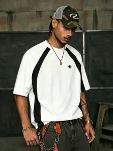 Retro Baseball Tee Mens Loose Fit Drop Shoulder T-shirt Breathable Cotton Black White Contrast Color Minimalist Star Logo Short Sleeve for Streetwear Daily Casual Wear