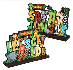 Blulu 2 Pieces Table Centerpiece for Safari Jungle Animals Party Signs Party Table Decoration Wild Zoo Animals Birthday Party Baby Shower Supplies Let's Get Wild Table Favors, 7.87 x 4.72 Inch Backdrop Christmas