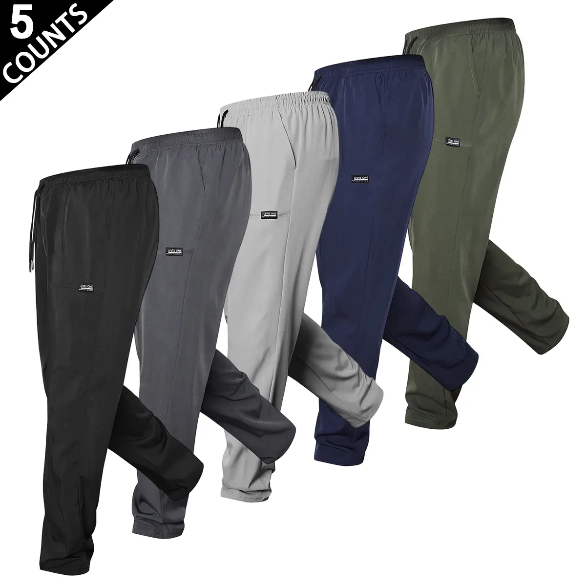 Men's 5-Piece Casual Pants Set, Plain Regular Fit Trousers in High-Stretch Composite Fabric with an Elastic Drawstring Waist for Daily Wear, Menswear, 5-Piece Set, Training Bottoms, Adjustable Drawstring Men's Pants, All Season Men's Pants