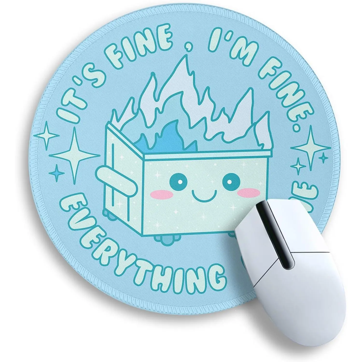 P-MUW013   Dumpster on Fire Mouse Pad, Cute Light Blue Round Mouse Pads for Desk, Funny Dumpster Mousepad for Laptop Gaming Stitched Edge Non-Slip Rubber Base, Cute Office Desk Accessories Decor
