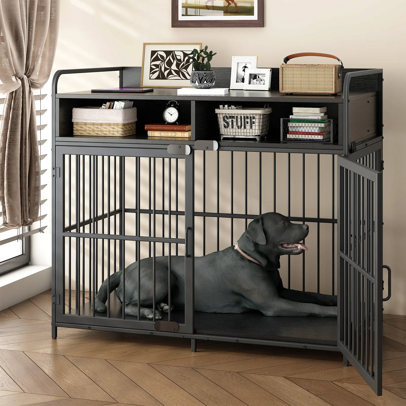 Furniture Crate Table with Storage Drawers - Heavy-Duty Steel-MDF Indoor Chew-Resistant Home Organization Kennel