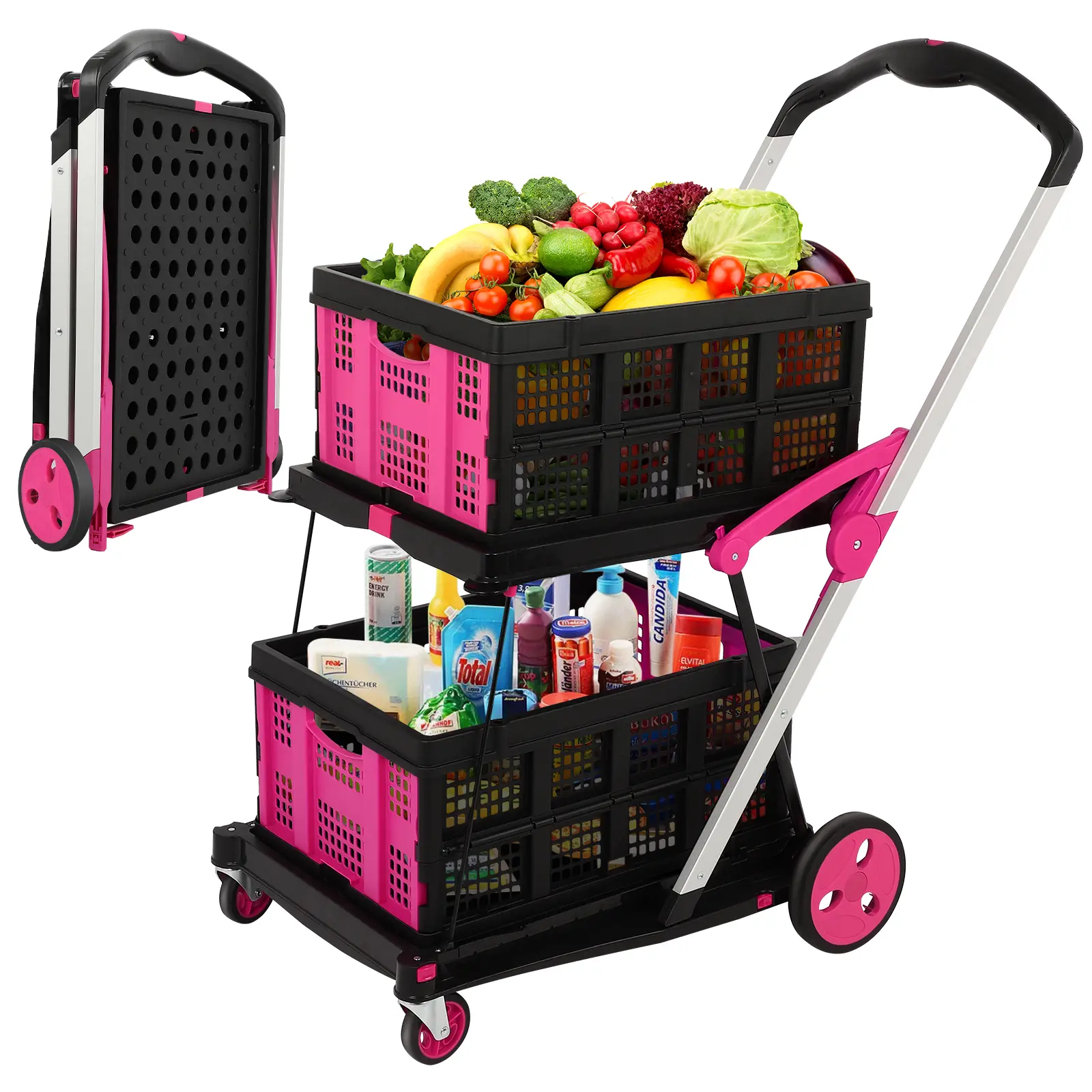 Collapsible Utility Camping Cart,2 baskets included,Multi use Functional Shopping Carts Folding Trolley Lightweight,Removable Basket Multi-Purpose Home personal,BlackFriday Portable,summerwins summerwins