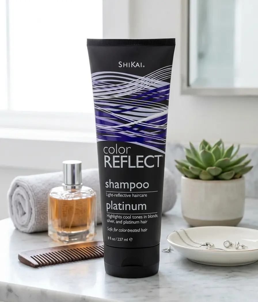 Color Reflect Platinum Shampoo - Brightening Toner Haircare, Infused with Blue Malva Extract, Sunflower Extract & Jojoba Seed Oil (Simmondsia Chinensis), Luminous Shine for Blonde Hair, Anti-Fade UV Color Protection, Extra Mild Plant-Based Liquid, Shikai
