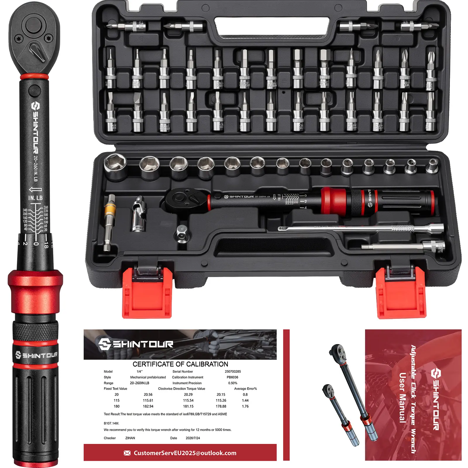 SHINTOUR 51-Piece 1/4" Drive Click Torque Wrench Full Kit, 20-260 in-lb Adjustable Mechanic Tools, ±3% Accuracy, 72-Tooth Dual-Direction Ratchet, Dual-Scale Sockets/Bits/Accessories for Auto Repairs, DIY Users