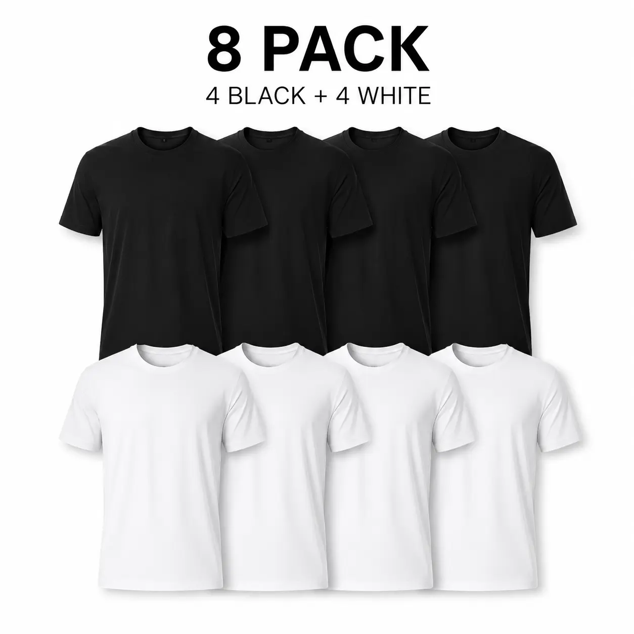 8-Pack Basic T-Shirts, 4 Black & 4 White Solid Color Unisex Crewneck Tees for Women Men, Oversized Soft Cotton Short Sleeve Casual Streetwear Everyday Outfit Tops