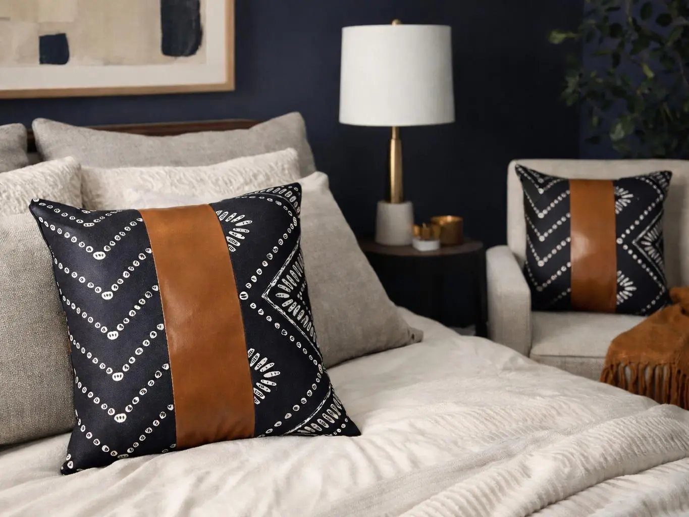 M&CNY Faux-Leather Patchwork Pillow- 'Blue Asante'