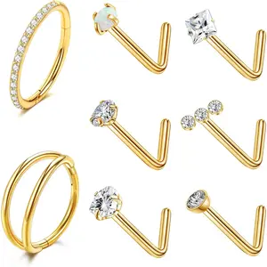 Nose Rings 20G Titanium Nose Rings Studs L Shaped Nose Studs Rings Cubic Zirconia Opal Heart Ball Labret Lip Nose   for Women Men