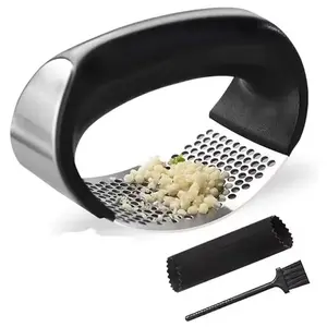 Stainless Steel Garlic Press Gadget Handheld with with Accessories, Small, Black, Silver