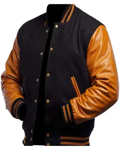 MotorCycleJackets Men's Varsity Black and Gold Bomber Baseball Letterman Leather Jacket