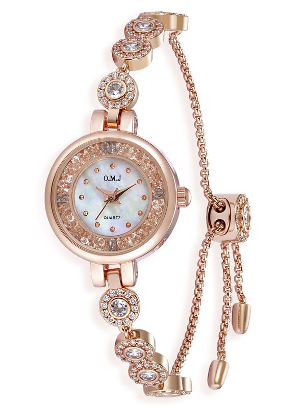 O.M.J G038 Women's Rose Gold 22mm Round Analog Bling Quartz Wrist Watch Steel Strap, Sparkling Rhinestones, April/Diamond or August/Peridot Birthstones, 30M Waterproof, 1 Elegant Female Bracelet Fashion Jewelry Wristwatch Accessory