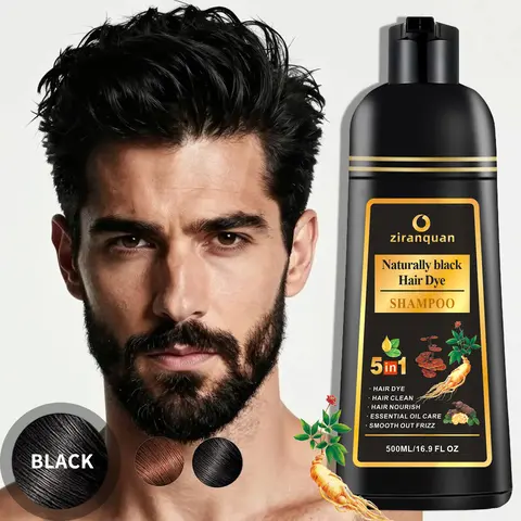 5-in-1 Formula Hair & Beard Color Liquid Shampoo for Men/Women, 16.9 Fl Oz Curly Hair Care Products, Instant Gray Coverage Dye with Natural Ginseng & Ginger, Cleanse & Condition in 1, Strengthening, Sulfate-Ammonia-Free, No Bleach, 24-Month Shelf Life