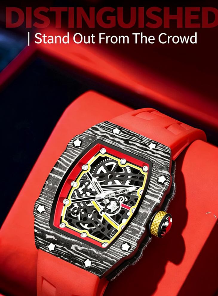 Fashion Skeleton Quartz Watch for Men, Carbon Fiber Design, Red Silicone Band, Perfect for Daily & Sports
