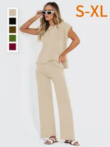 Women's Casual Everyday Home Set, Minimalist Chic Fashion Plain Color Round Neck Top & Straight Leg Pants, Spring & Fall Fitted, 2 Piece Suit Womenswear