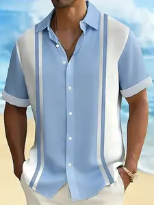 2026 Summer New Color Block Vertical Stripes Short Sleeve Shirt Men, Loose Fit Turn-Down Collar Casual Everyday Wear Vacation Top, Trendy Blouse for Men, Casual Loose Fitted