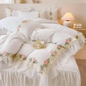 Lace Ruffled Bedding Set, 1 Duvet Cover + 2 Pillowcases, Girls French Princess Style Twin Duvet Cover With Zipper Closure, Ultra Soft Lightweight No Comforter