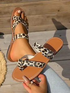Women's Flat Sandals New Buckle Decoration Embroidered Casual Walking Slippers, Stylish Comfortable Ladies Footwear, Leopard Pattern Slides
